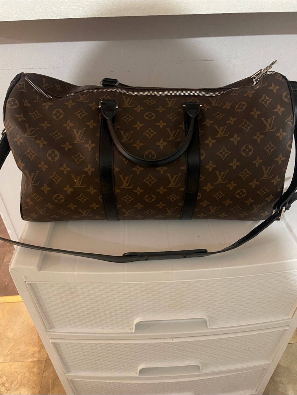 Luxury Brown Monogram Canvas Duffel Bag with Black Trim sliver lock
